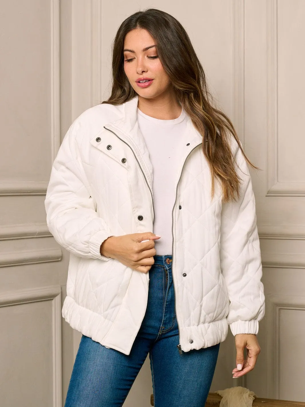 WOMEN'S LONG SLEEVE BUTTON & ZIPPER CLOSURE PUFFER JACKET