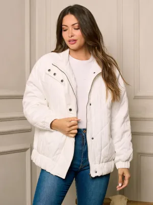 WOMEN'S LONG SLEEVE BUTTON & ZIPPER CLOSURE PUFFER JACKET