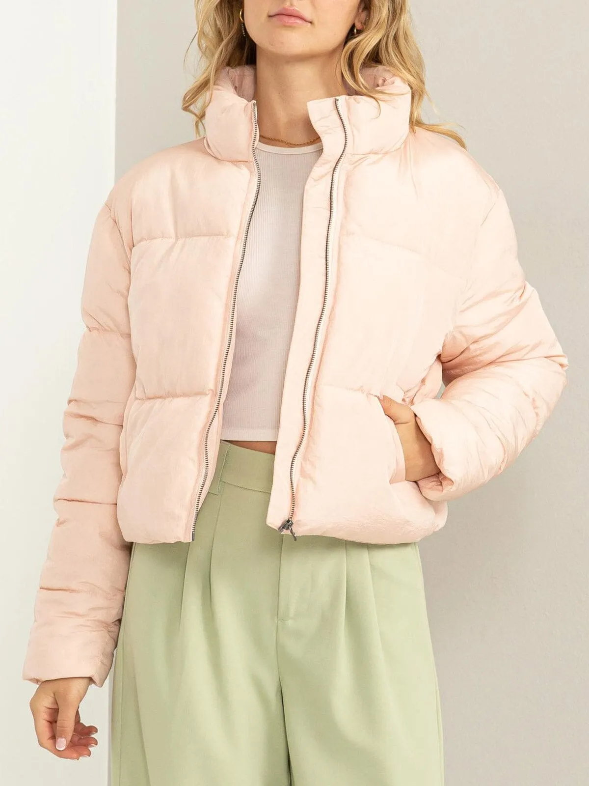 WOMEN'S LONG SLEEVE ZIP UP POCKETS PUFFER JACKET