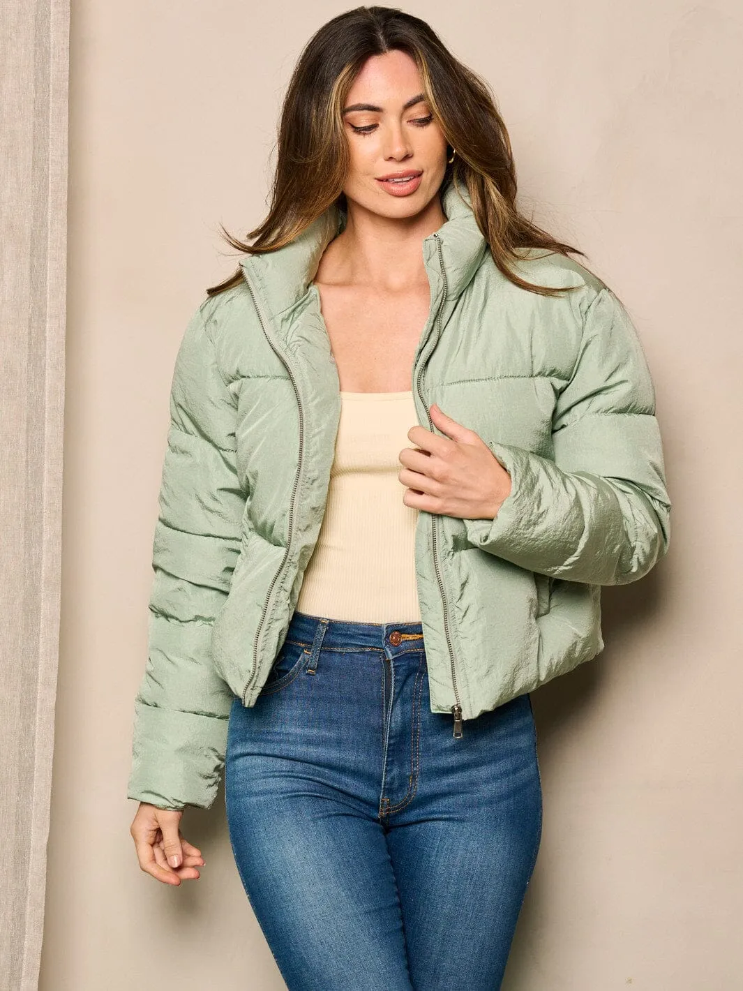 WOMEN'S LONG SLEEVE ZIP UP POCKETS PUFFER JACKET