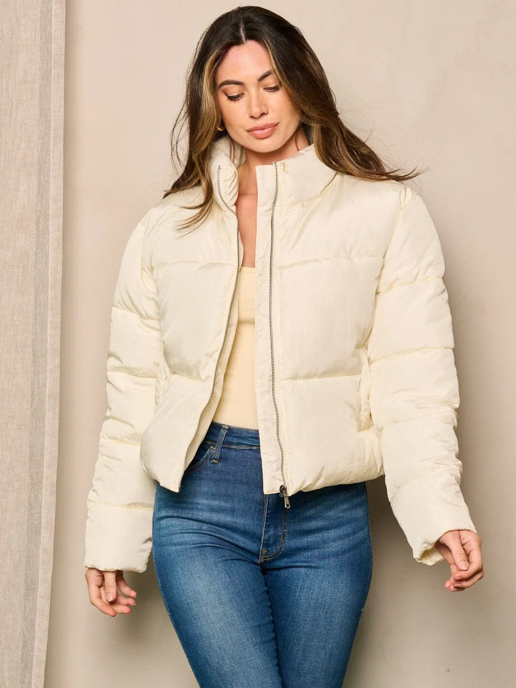WOMEN'S LONG SLEEVE ZIP UP POCKETS PUFFER JACKET