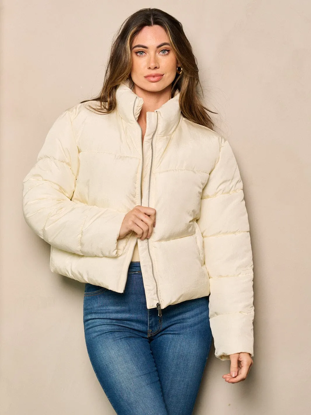 WOMEN'S LONG SLEEVE ZIP UP POCKETS PUFFER JACKET