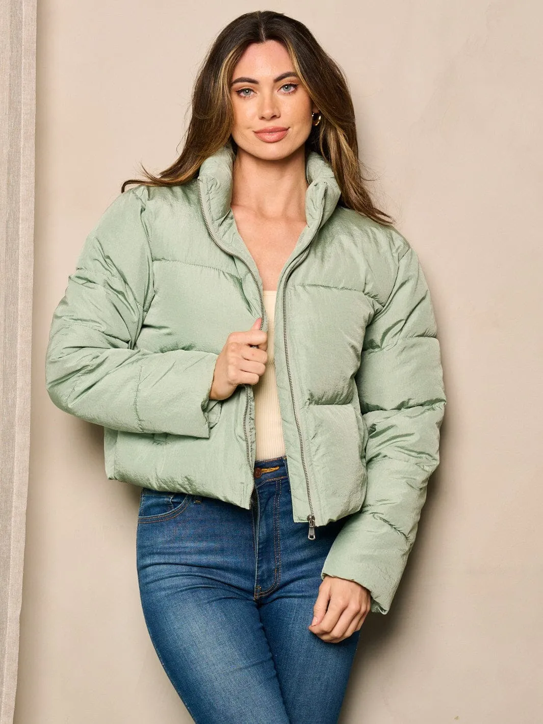 WOMEN'S LONG SLEEVE ZIP UP POCKETS PUFFER JACKET