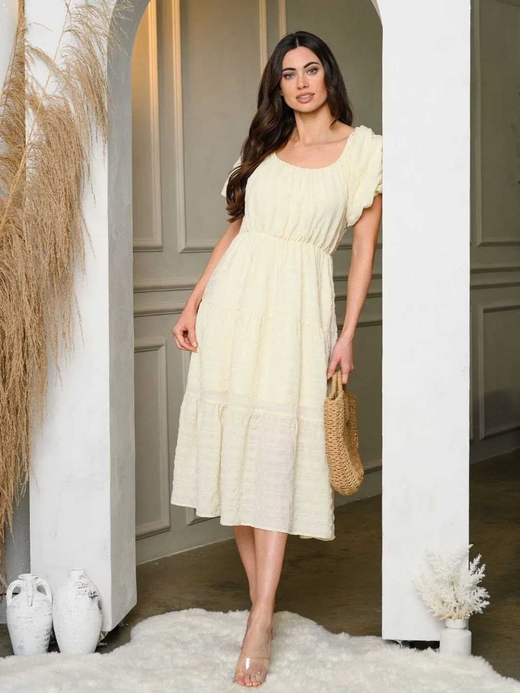 WOMEN'S SHORT PUFF SLEEVE TIERED MIDI DRESS