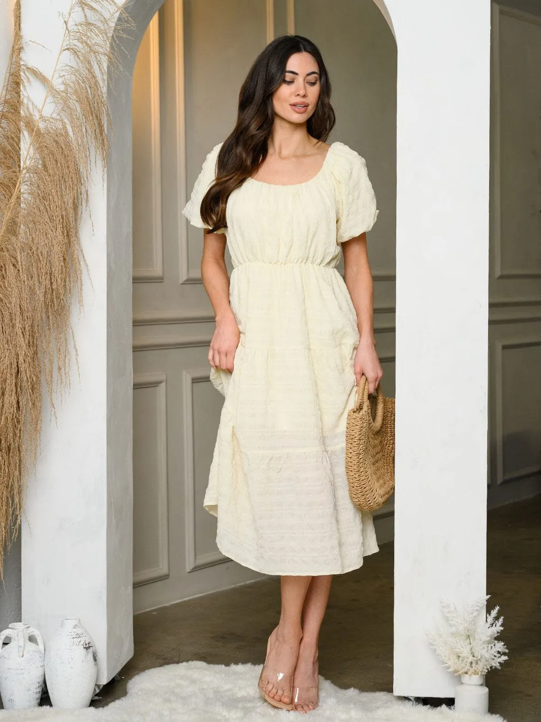 WOMEN'S SHORT PUFF SLEEVE TIERED MIDI DRESS
