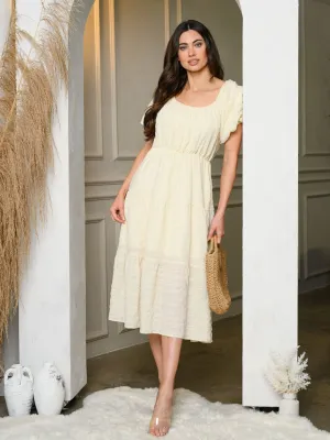 WOMEN'S SHORT PUFF SLEEVE TIERED MIDI DRESS