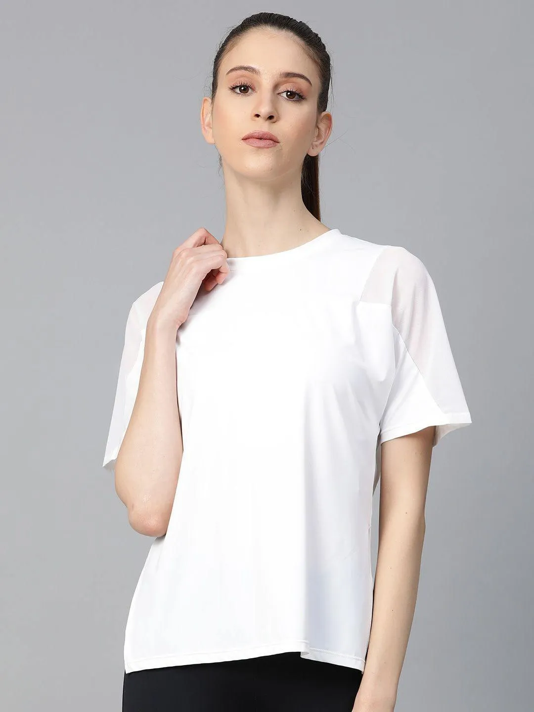 Women's Shoulder Mesh Style Solid Round Neck T-shirt