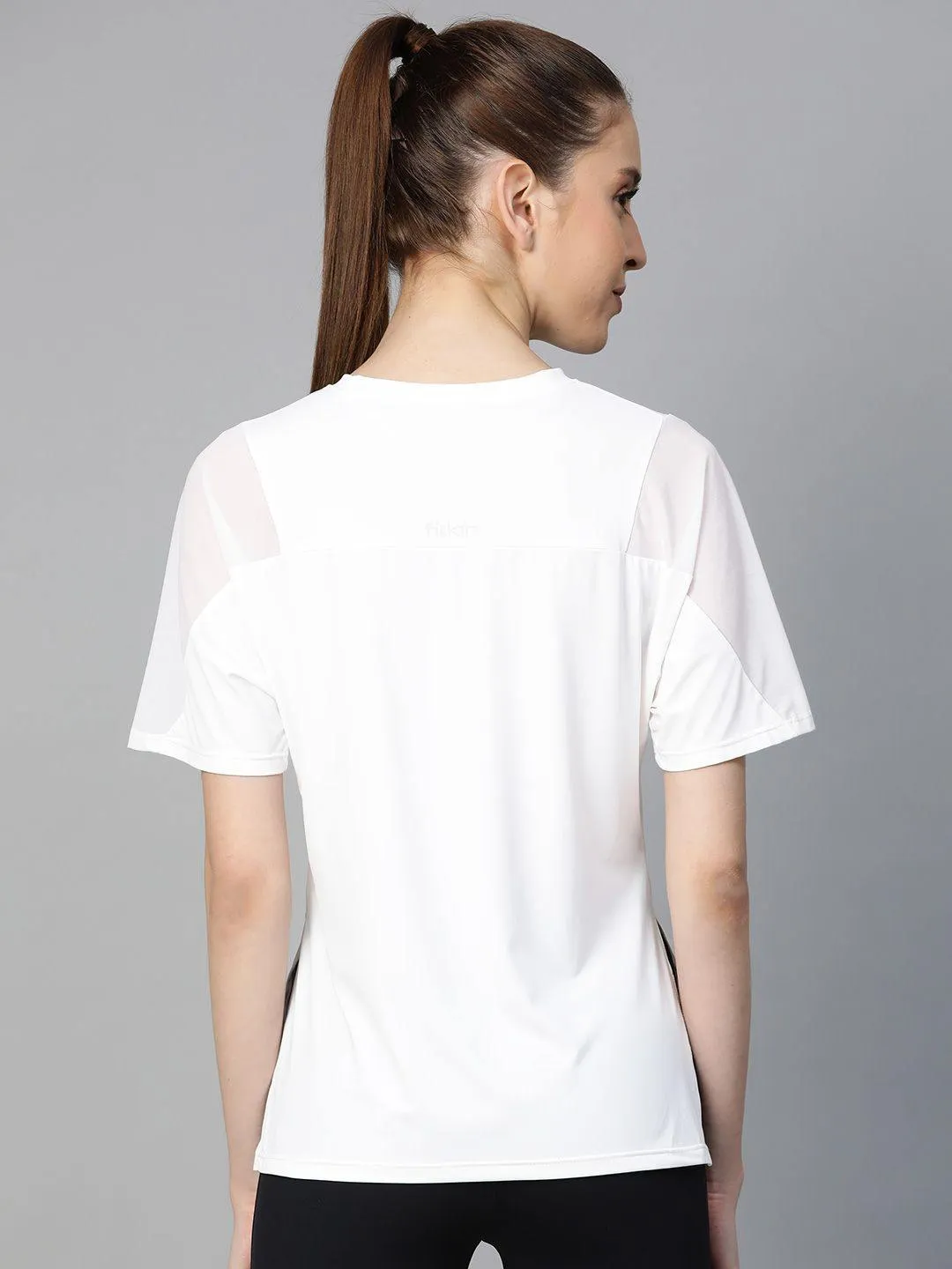 Women's Shoulder Mesh Style Solid Round Neck T-shirt