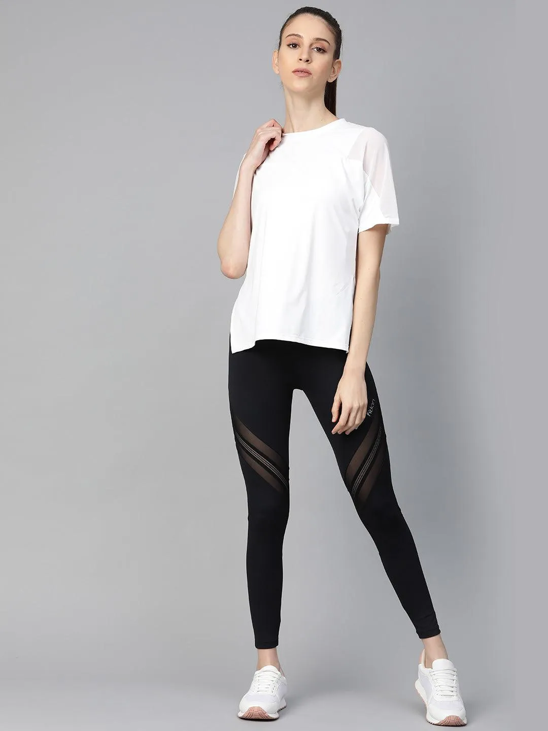 Women's Shoulder Mesh Style Solid Round Neck T-shirt
