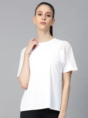 Women's Shoulder Mesh Style Solid Round Neck T-shirt