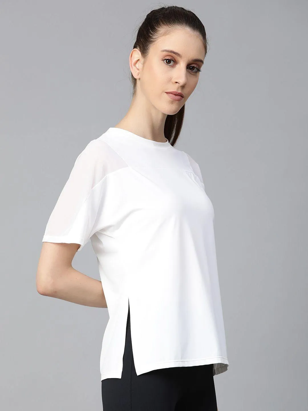 Women's Shoulder Mesh Style Solid Round Neck T-shirt