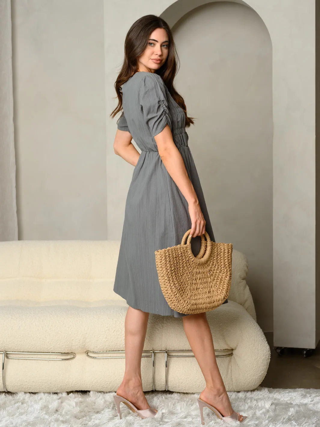 WOMEN'S SMOCKED BODICE RUCHED SHORT SLEEVE MIDI DRESS