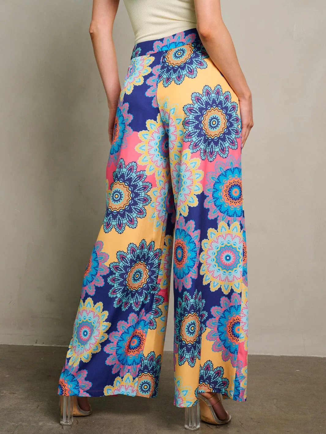WOMEN'S ZIP UP SELF TIE PALAZZO MULTI PRINT PANTS