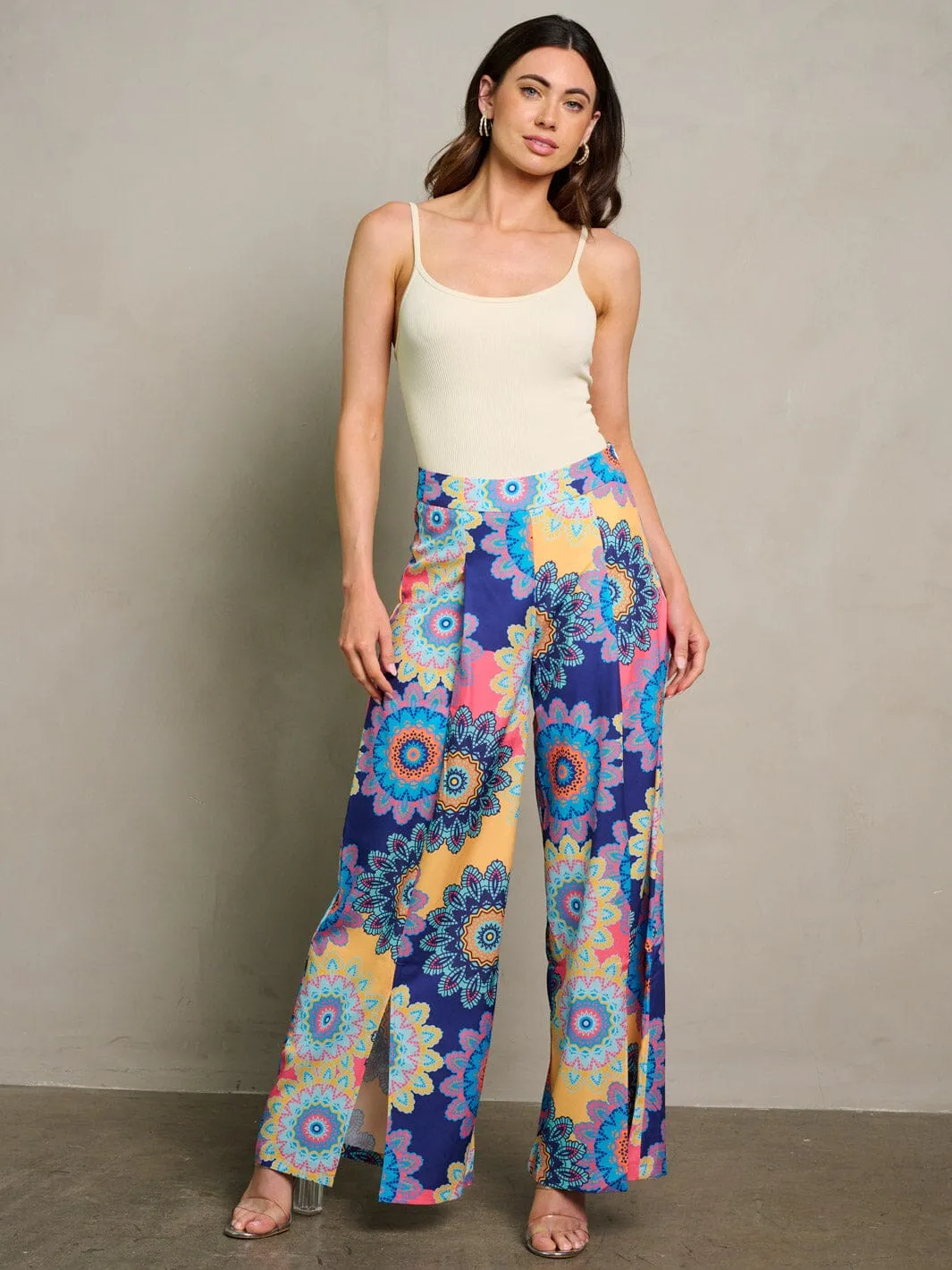 WOMEN'S ZIP UP SELF TIE PALAZZO MULTI PRINT PANTS