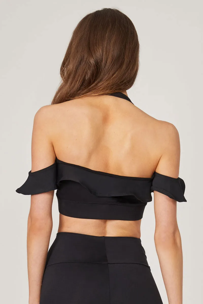 Yoga Bra with Halter Neck and Frill Strap Black