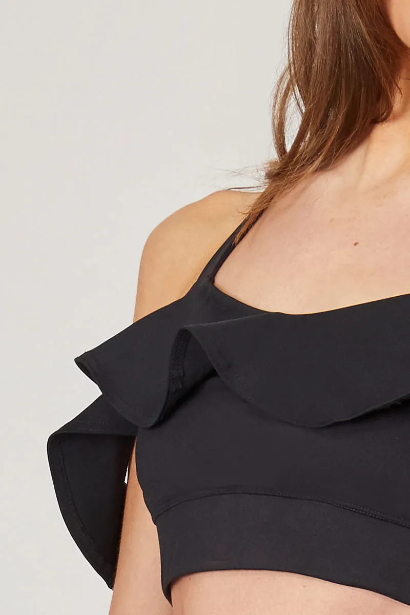 Yoga Bra with Halter Neck and Frill Strap Black