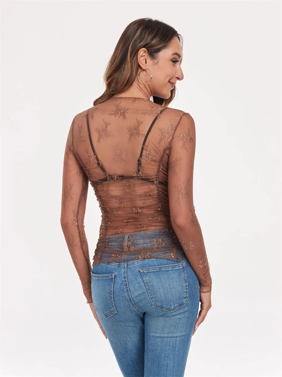 ZAFUL Women's Sexy Long Sleeve Mesh Top Crew Neck Sheer Blouse See Through Floral Lace Tops Party Tops