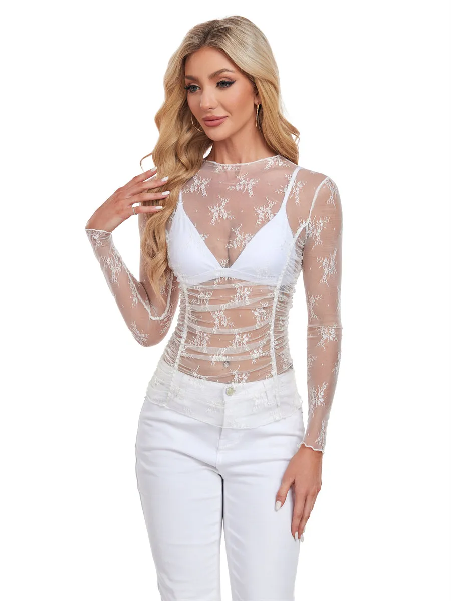 ZAFUL Women's Sexy Long Sleeve Mesh Top Crew Neck Sheer Blouse See Through Floral Lace Tops Party Tops