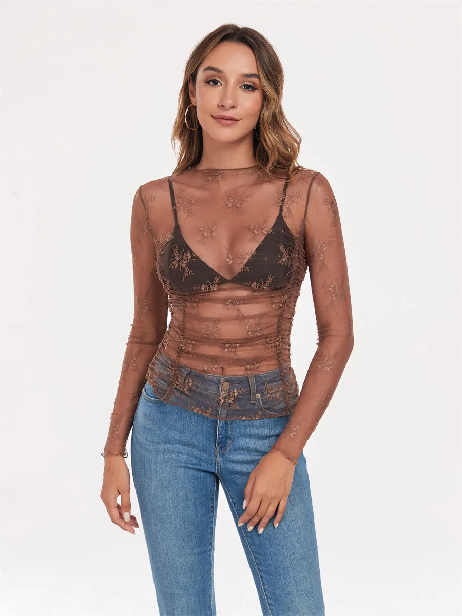 ZAFUL Women's Sexy Long Sleeve Mesh Top Crew Neck Sheer Blouse See Through Floral Lace Tops Party Tops