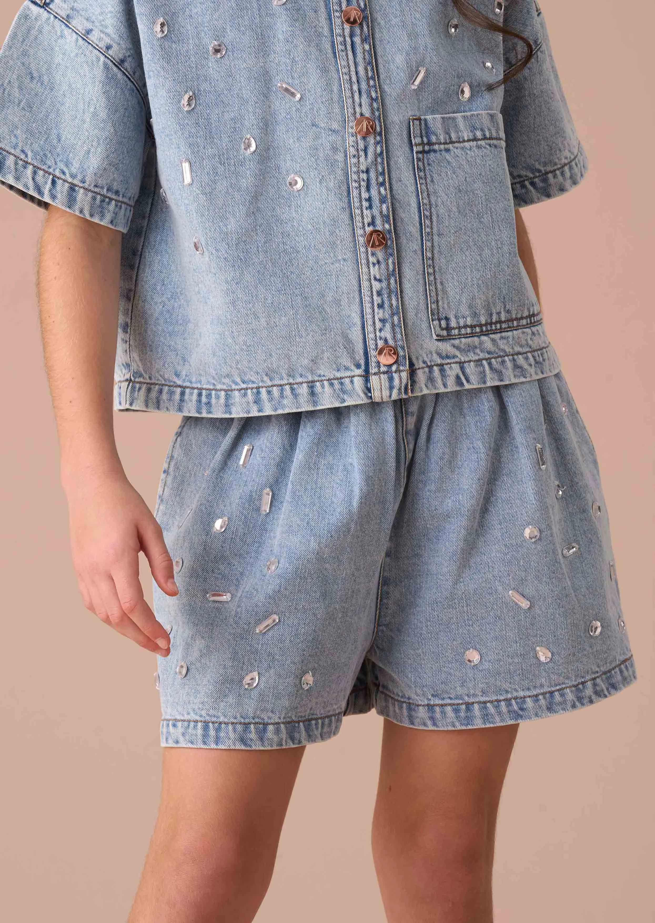 Zeta Denim Diamonte Pull On Short