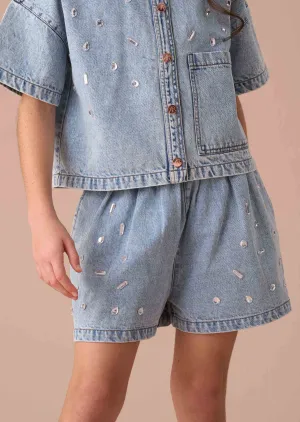 Zeta Denim Diamonte Pull On Short