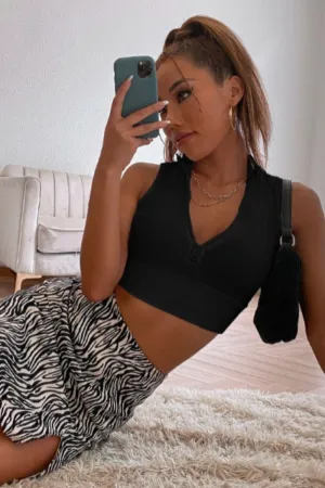 Zipper Front Halter Neck Black Top